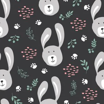 Cute rabbit Seamless pattern. Cartoon Animals in forest background. Vector il Stock Illustration