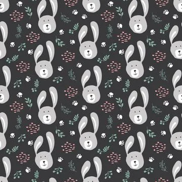 Cute rabbit Seamless pattern. Cartoon Animals in forest background. Vector il Stock Illustration