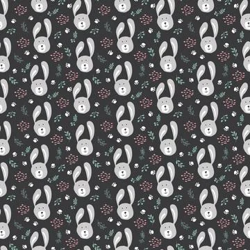 Cute rabbit Seamless pattern. Cartoon Animals in forest background. Vector il Illustrazione stock