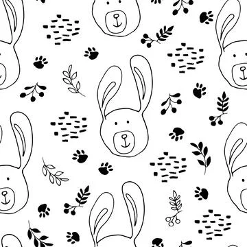 Cute rabbit Seamless pattern. Cartoon Animals in forest background. Vector il Illustrazione stock