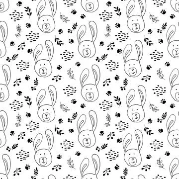 Cute rabbit Seamless pattern. Cartoon Animals in forest background. Vector il 스톡 일러스트
