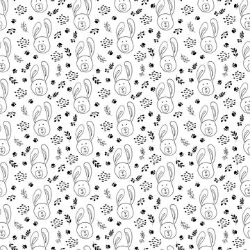 Cute rabbit Seamless pattern. Cartoon Animals in forest background. Vector il Stock Illustration