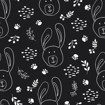 Cute rabbit Seamless pattern. Cartoon Animals in forest background. Vector il Stock Illustration