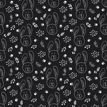 Cute rabbit Seamless pattern. Cartoon Animals in forest background. Vector il Stock Illustration