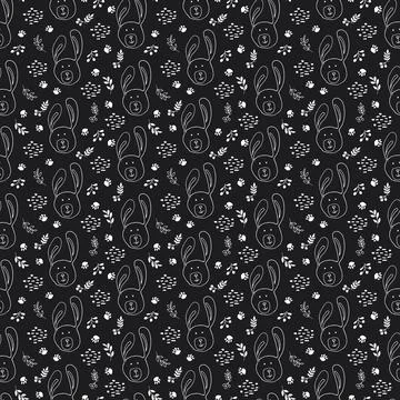 Cute rabbit Seamless pattern. Cartoon Animals in forest background. Vector il Stock Illustration