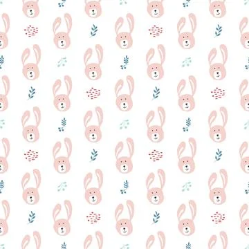 Cute rabbit Seamless pattern. Cartoon Animals in forest background. Vector il Stock Illustration
