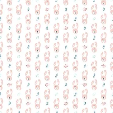 Cute rabbit Seamless pattern. Cartoon Animals in forest background. Vector il Stock Illustration
