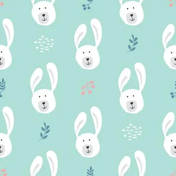 Cute rabbit Seamless pattern. Cartoon Animals in forest background. Vector il Stock Illustration