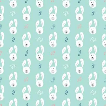 Cute rabbit Seamless pattern. Cartoon Animals in forest background. Vector il Illustrazione stock