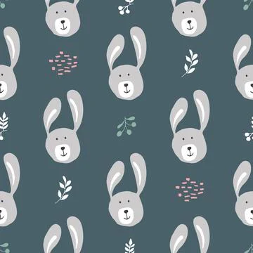 Cute rabbit Seamless pattern. Cartoon Animals in forest background. Vector il Stock Illustration