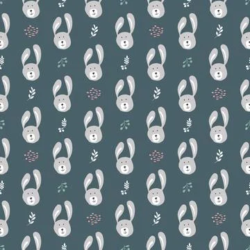 Cute rabbit Seamless pattern. Cartoon Animals in forest background. Vector il Stock Illustration
