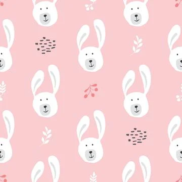 Cute rabbit Seamless pattern. Cartoon Animals in forest background. Vector il Stock Illustration