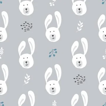 Cute rabbit Seamless pattern. Cartoon Animals in forest background. Vector il Stock Illustration