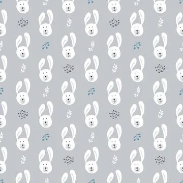 Cute rabbit Seamless pattern. Cartoon Animals in forest background. Vector il Stock Illustration