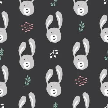 Cute rabbit Seamless pattern. Cartoon Animals in forest background. Vector il Stock Illustration