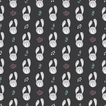 Cute rabbit Seamless pattern. Cartoon Animals in forest background. Vector il Stock Illustration
