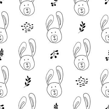 Cute rabbit Seamless pattern. Cartoon Animals in forest background. Vector il Stock Illustration
