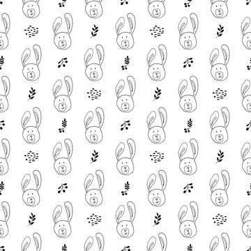 Cute rabbit Seamless pattern. Cartoon Animals in forest background. Vector il Stock Illustration
