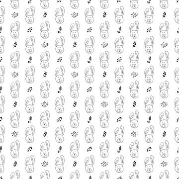 Cute rabbit Seamless pattern. Cartoon Animals in forest background. Vector il Stock Illustration