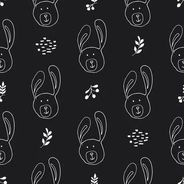 Cute rabbit Seamless pattern. Cartoon Animals in forest background. Vector il Stock Illustration