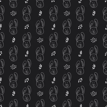 Cute rabbit Seamless pattern. Cartoon Animals in forest background. Vector il 스톡 일러스트
