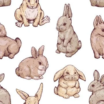 Cute rabbit seamless pattern, hand drawn sketch vector illustration on white Stock Illustration