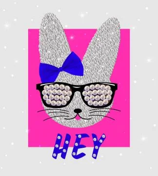 Cute rabbit in sequins with bow and sunglasses. Sequins Slogan Hey. Bunny cut Stock Illustration