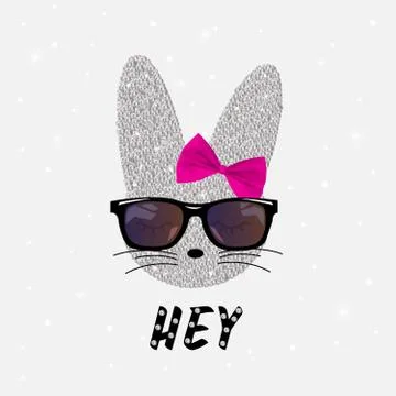 Cute rabbit in sequins with bow and sunglasses. Sequins Slogan Hey. Bunny cut Stock Illustration