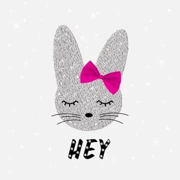 Cute rabbit  in sequins  with bow. Sequins Slogan Hey. Bunny cute print. Can  Stock Illustration