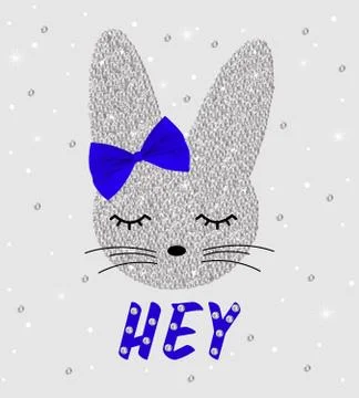 Cute rabbit  in sequins  with bow. Sequins Slogan Hey. Bunny cute print. Can  Stock Illustration