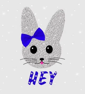 Cute rabbit  in sequins  with bow. Sequins Slogan Hey. Bunny cute print. Can  Stock Illustration