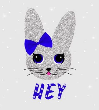 Cute rabbit  in sequins  with bow. Sequins Slogan Hey. Bunny cute print. Can  Stock Illustration