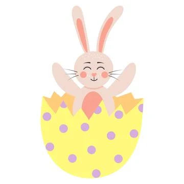 Cute rabbit sitting in a cracked egg. Easter bunny boy. Cartoon forest character 스톡 일러스트