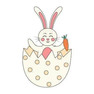 Cute rabbit sitting in Easter egg holding carrot. Easter bunny. Groovy retr.. Stock Illustration