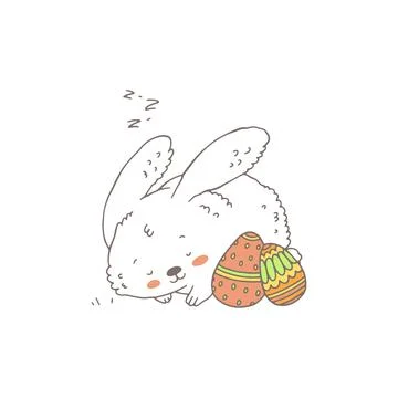 Cute rabbit sleeping next to decorated Easter eggs, cartoon vector illustration Stockillustratie