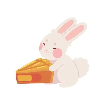 Cute rabbit with on sliced mooncake Stock Illustration