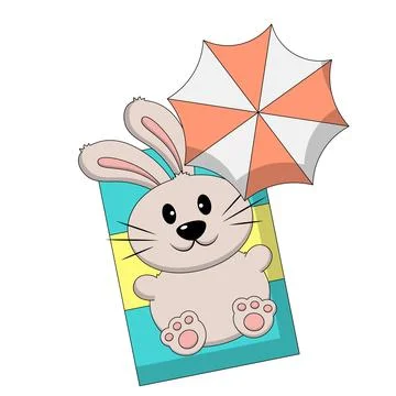 Cute Rabbit sunbathing on a beach mat with an umbrella in color Stock Illustration