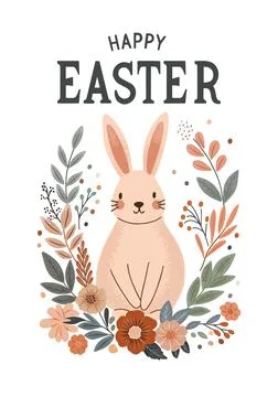 Cute rabbit surrounded by meadow flowers and leaves on a dark background. L.. Stock Illustration