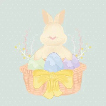 Cute rabbit taking care of easter eggs on a wooden basket Easter Vector Illustrazione stock