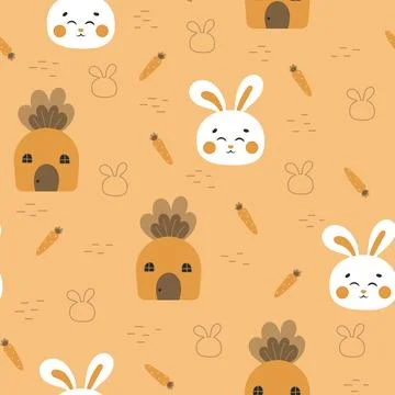 Cute rabbit themed seamless pattern with bunny character and carrot house o.. Stock Illustration