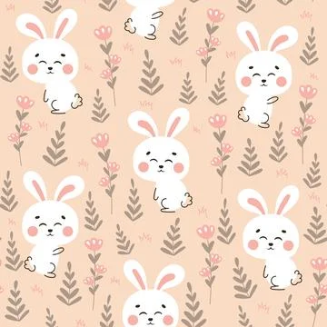 Cute rabbit themed seamless pattern with bunny character and flowers on lig.. Stock Illustration