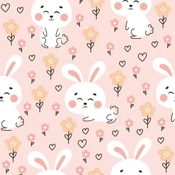 Cute rabbit themed seamless pattern with bunny character and flowers on pin.. Stock Illustration