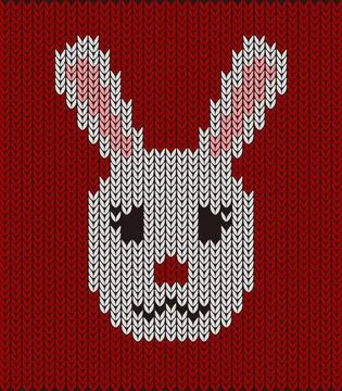 Cute rabbit toy on the knitting pattern, Happy new year, vector illustration Stock Illustration