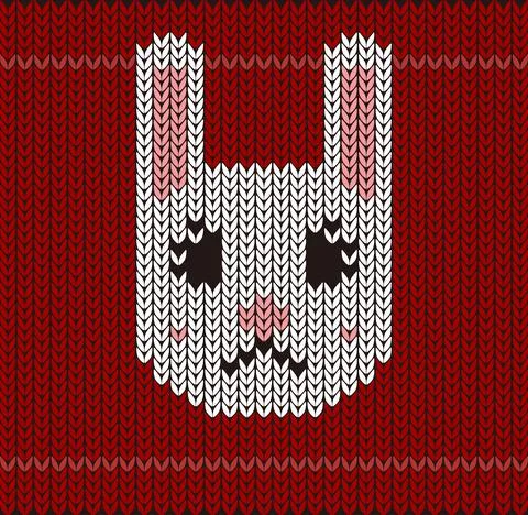 Cute rabbit toy on the knitting pattern, Happy new year, vector illustration Stock Illustration