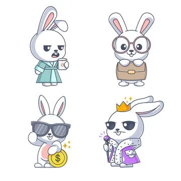 Cute rabbit working, cartoon style set Stock Illustration