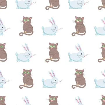Cute Rabbits and Cat Flat Vector Seamless Pattern Stockillustratie
