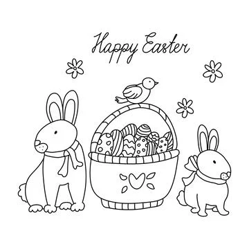 Cute rabbits and an easter basket wit eggs in doodle sketch style. Stock Illustration