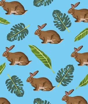 Cute rabbits and leafs pattern background Stock Illustration