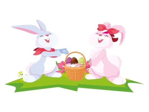 Cute rabbits couple with eggs painted in basket Ilustração Stock