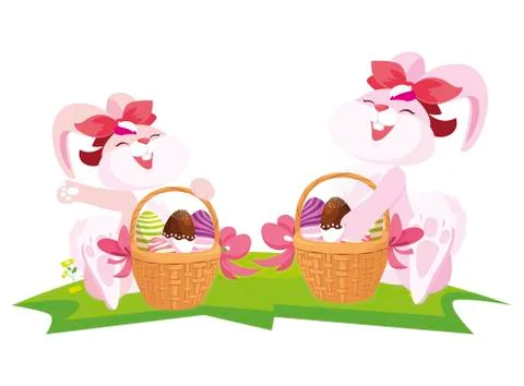 Cute rabbits couple with eggs painted in basket Ilustração Stock